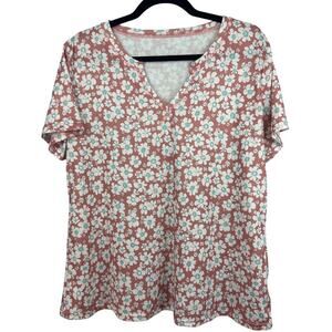 Women’s Lumion White & Blue Floral Designed Pink V-Cut T-Shirt Sz XL